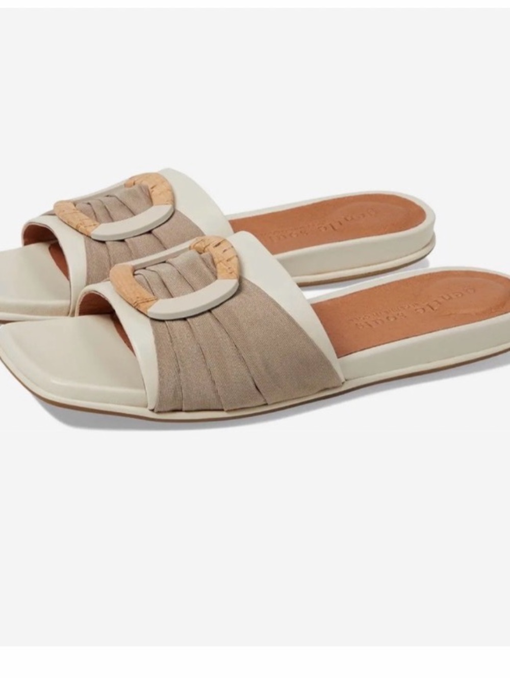 gentle souls Beige and Cream Buckle Slide Sandals